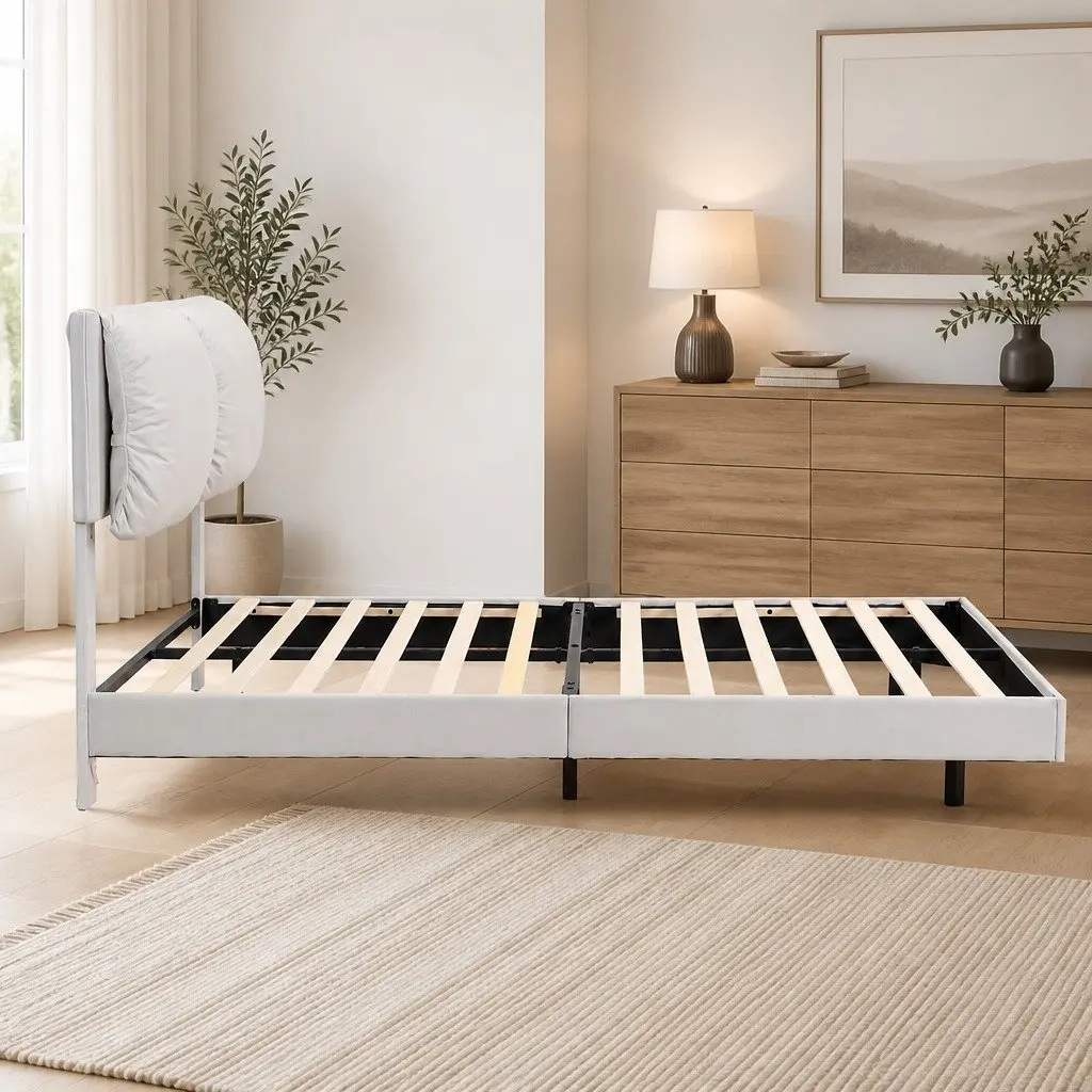 Queen Floating Bed Frame with LED Lighting and Headrest