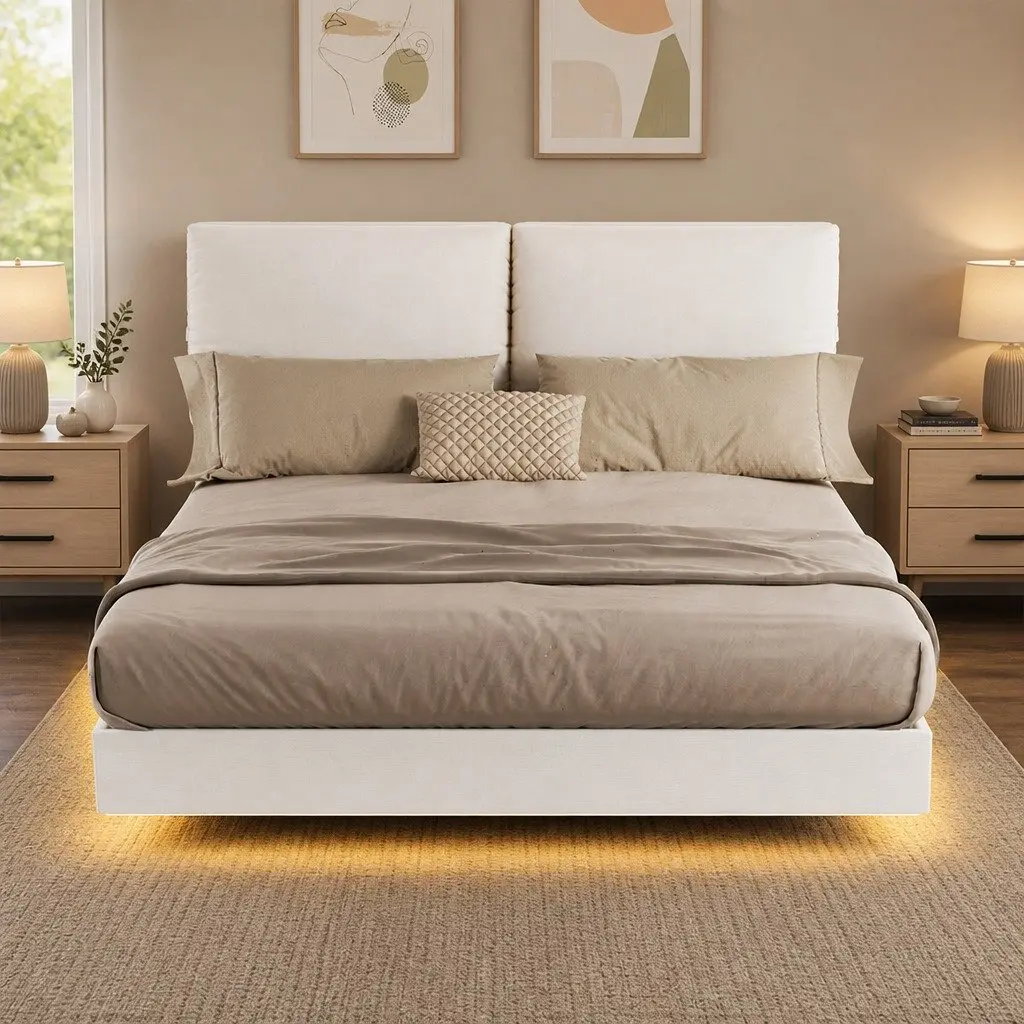 Queen Floating Bed Frame with LED Lighting and Headrest