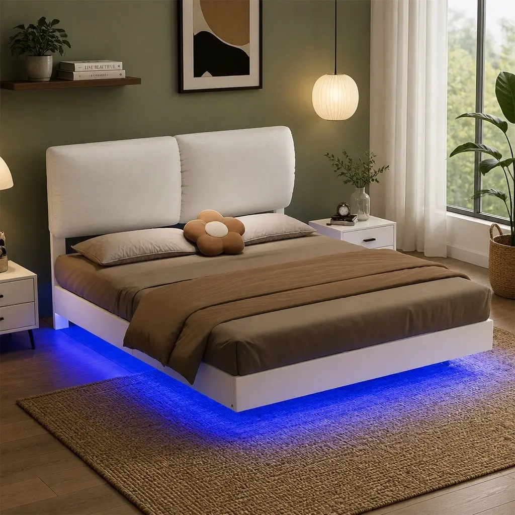 Queen Floating Bed Frame with LED Lighting and Headrest