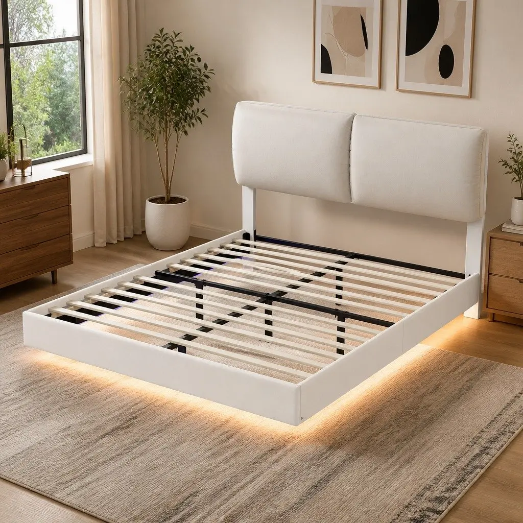 Queen Floating Bed Frame with LED Lighting and Headrest