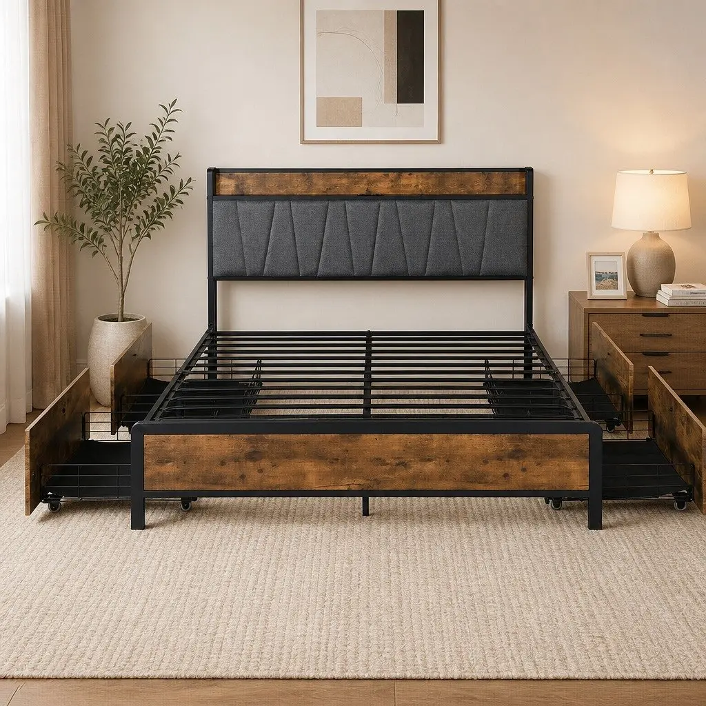 Queen Bed Frame with Storage Headboard USB Charging Ports Upholstered Backrest