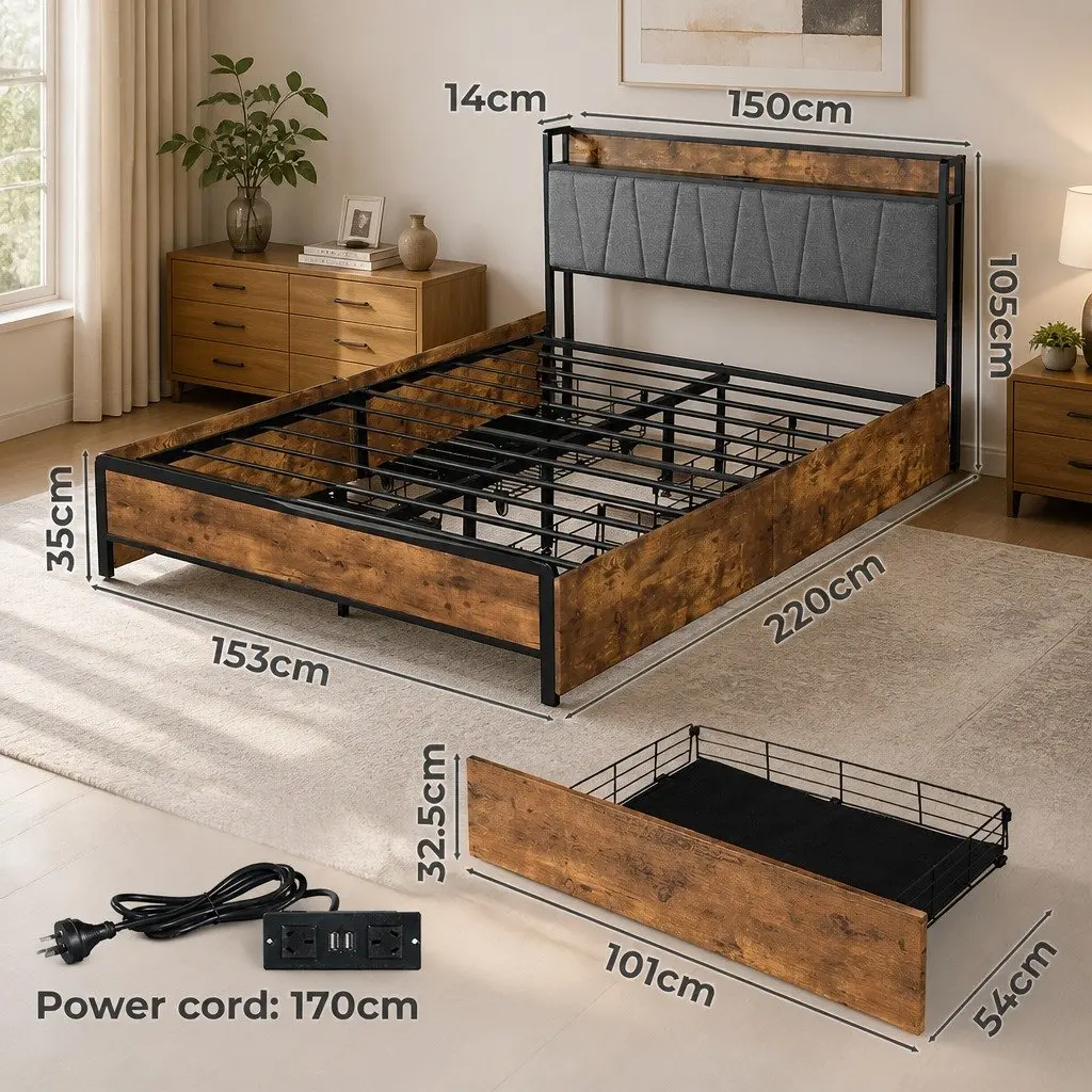 Queen Bed Frame with Storage Headboard USB Charging Ports Upholstered Backrest