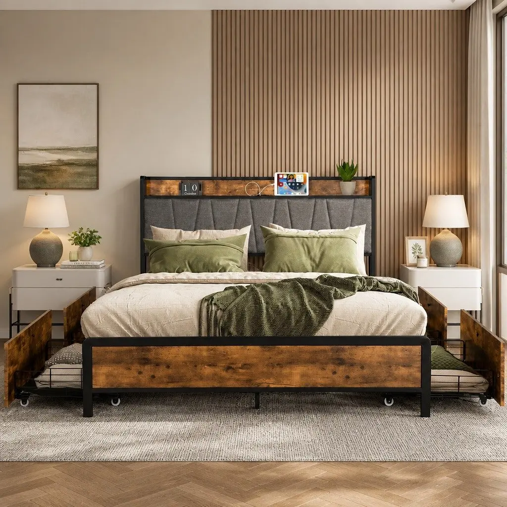 Queen Bed Frame with Storage Headboard USB Charging Ports Upholstered Backrest