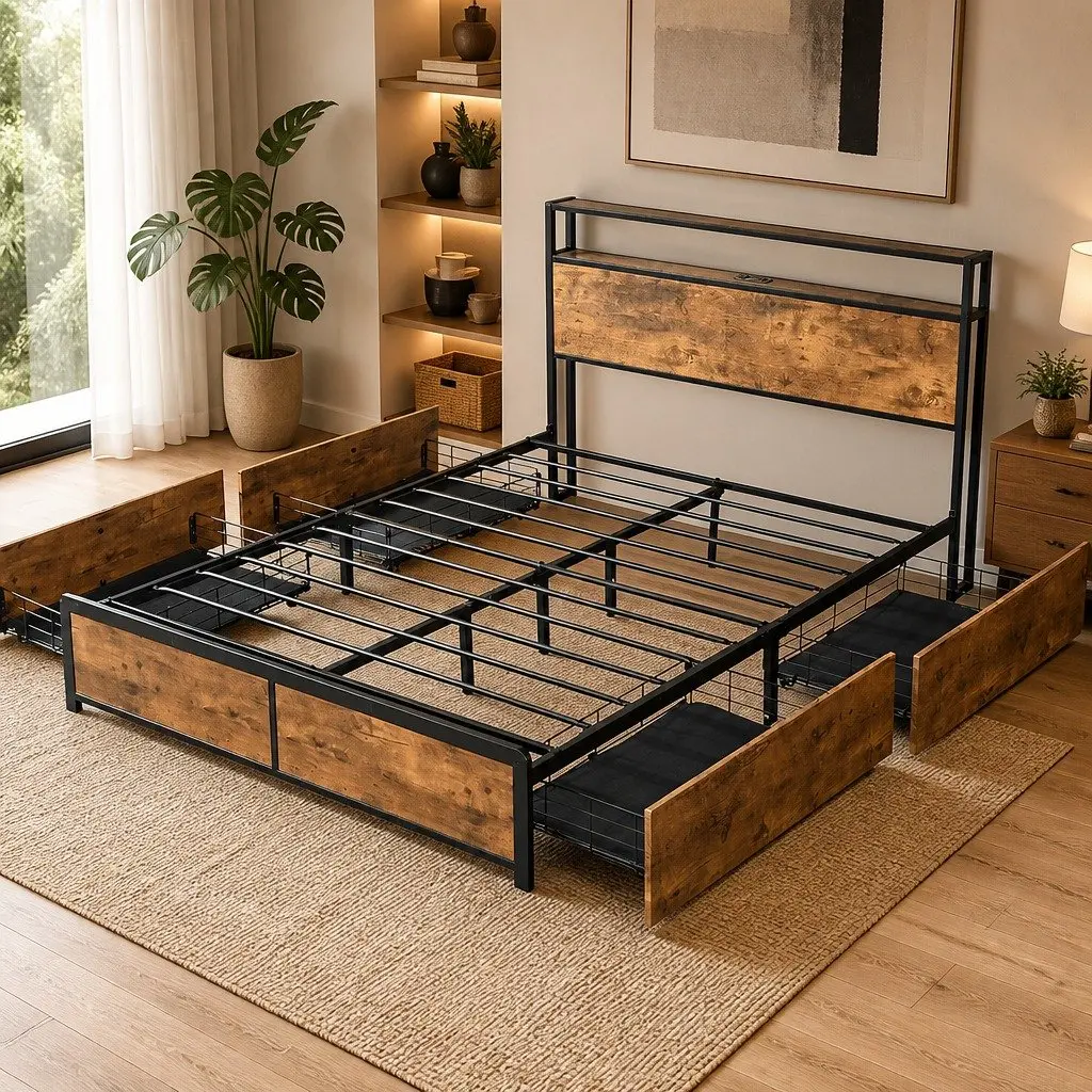 Queen Bed Frame Brown with RGB LED Lighting Storage Drawers and USB Charging Headboard