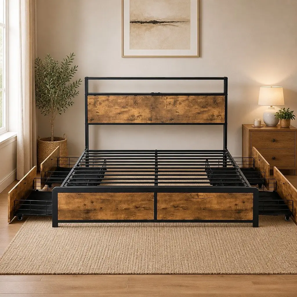 Queen Bed Frame Brown with RGB LED Lighting Storage Drawers and USB Charging Headboard