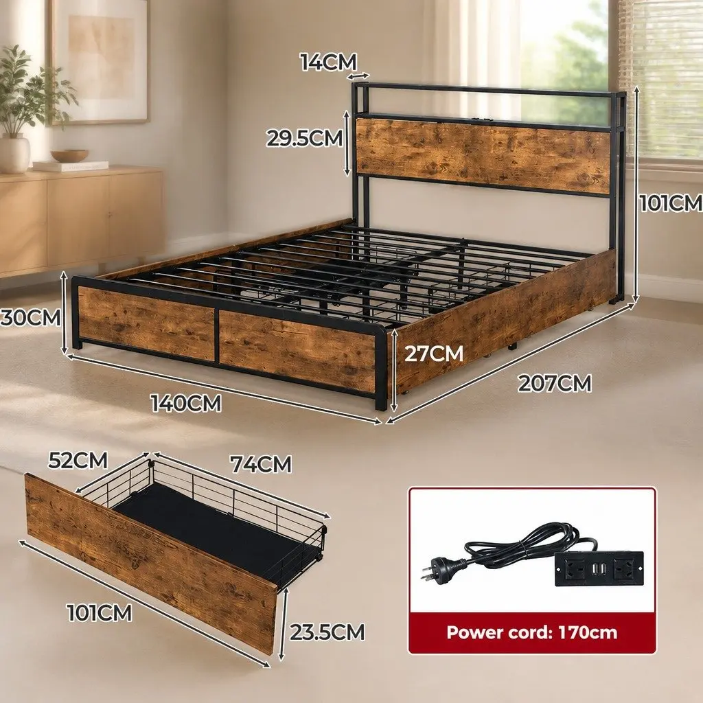 Queen Bed Frame Brown with RGB LED Lighting Storage Drawers and USB Charging Headboard