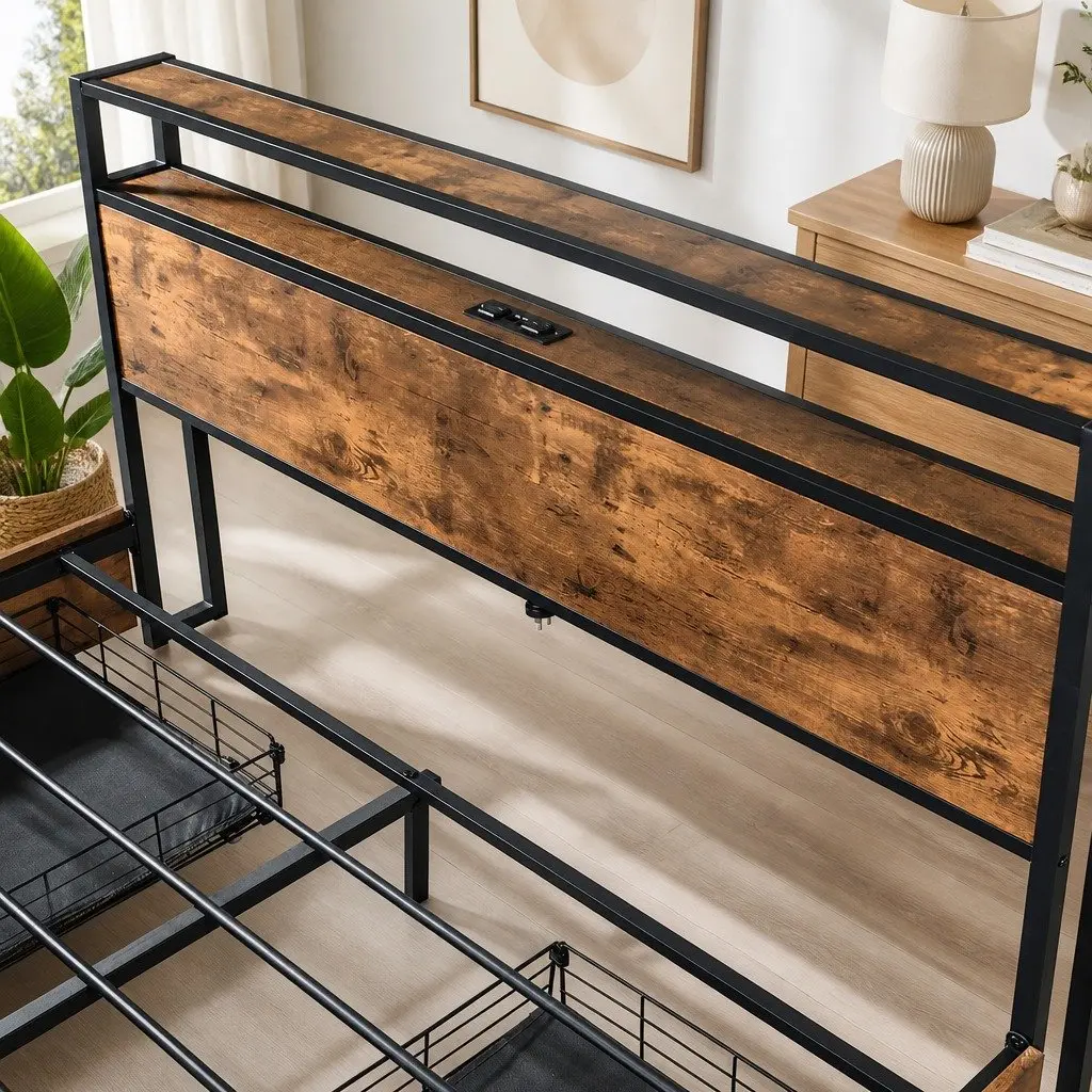 Queen Bed Frame Brown with RGB LED Lighting Storage Drawers and USB Charging Headboard