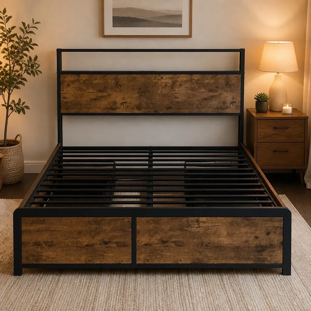 Queen Bed Frame Brown with RGB LED Lighting Storage Drawers and USB Charging Headboard