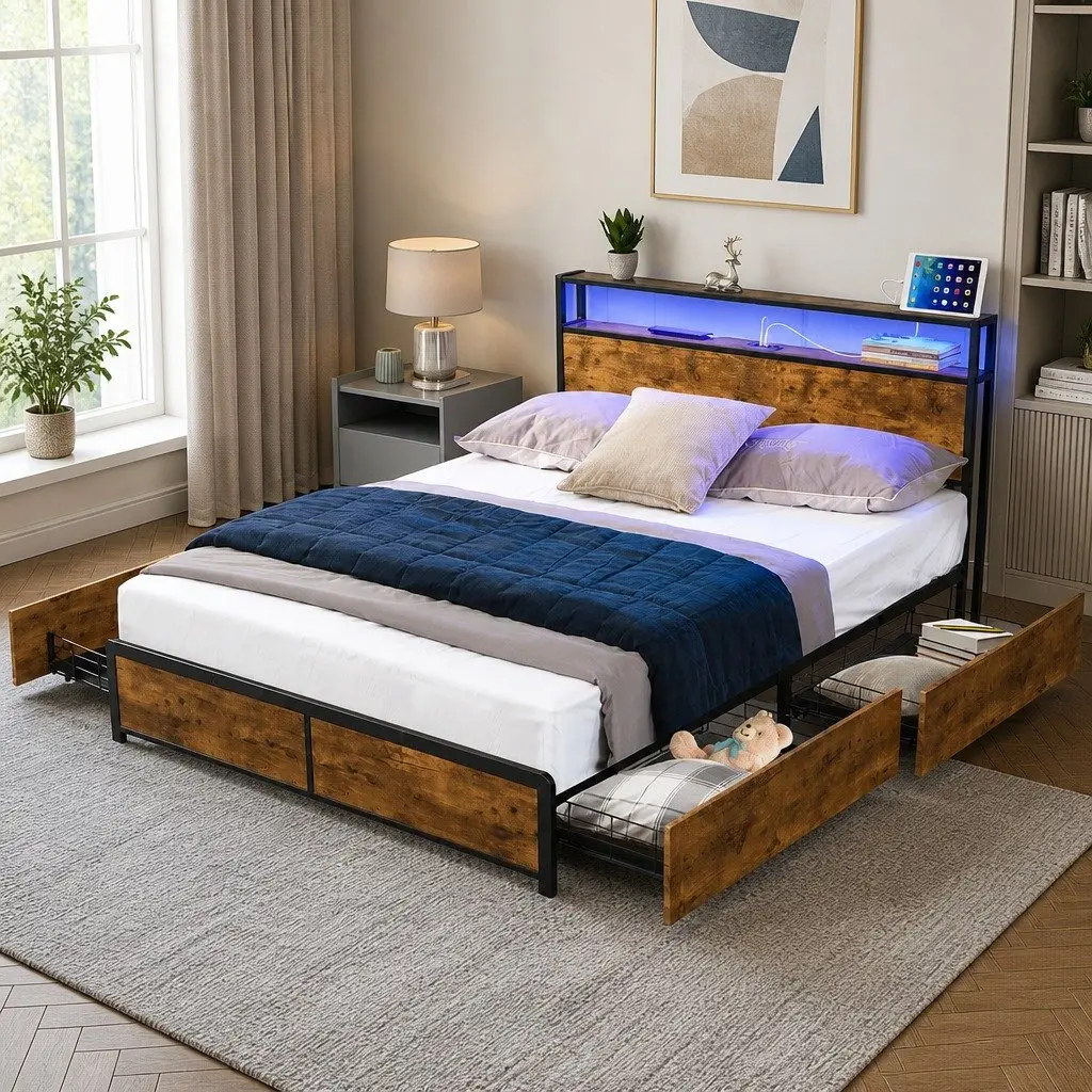 Queen Bed Frame Brown with RGB LED Lighting Storage Drawers and USB Charging Headboard