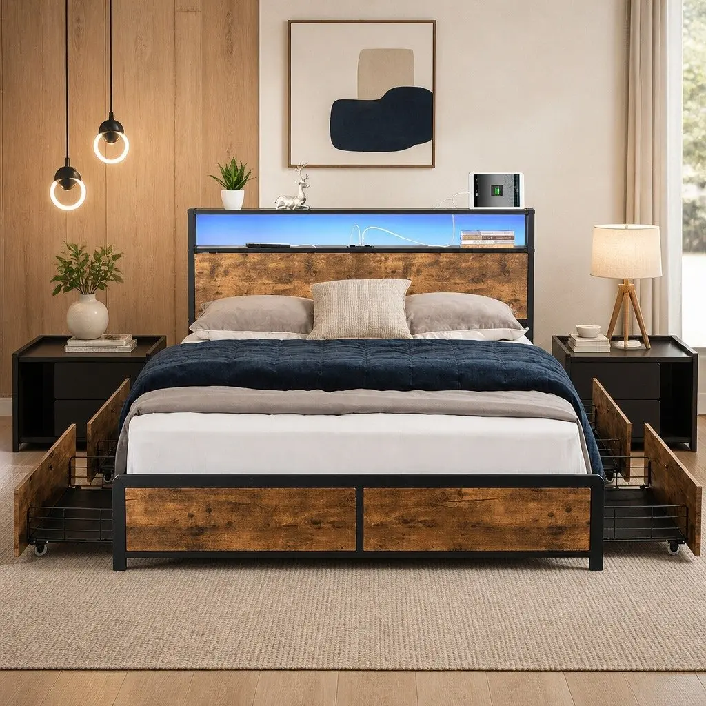 Queen Bed Frame Brown with RGB LED Lighting Storage Drawers and USB Charging Headboard