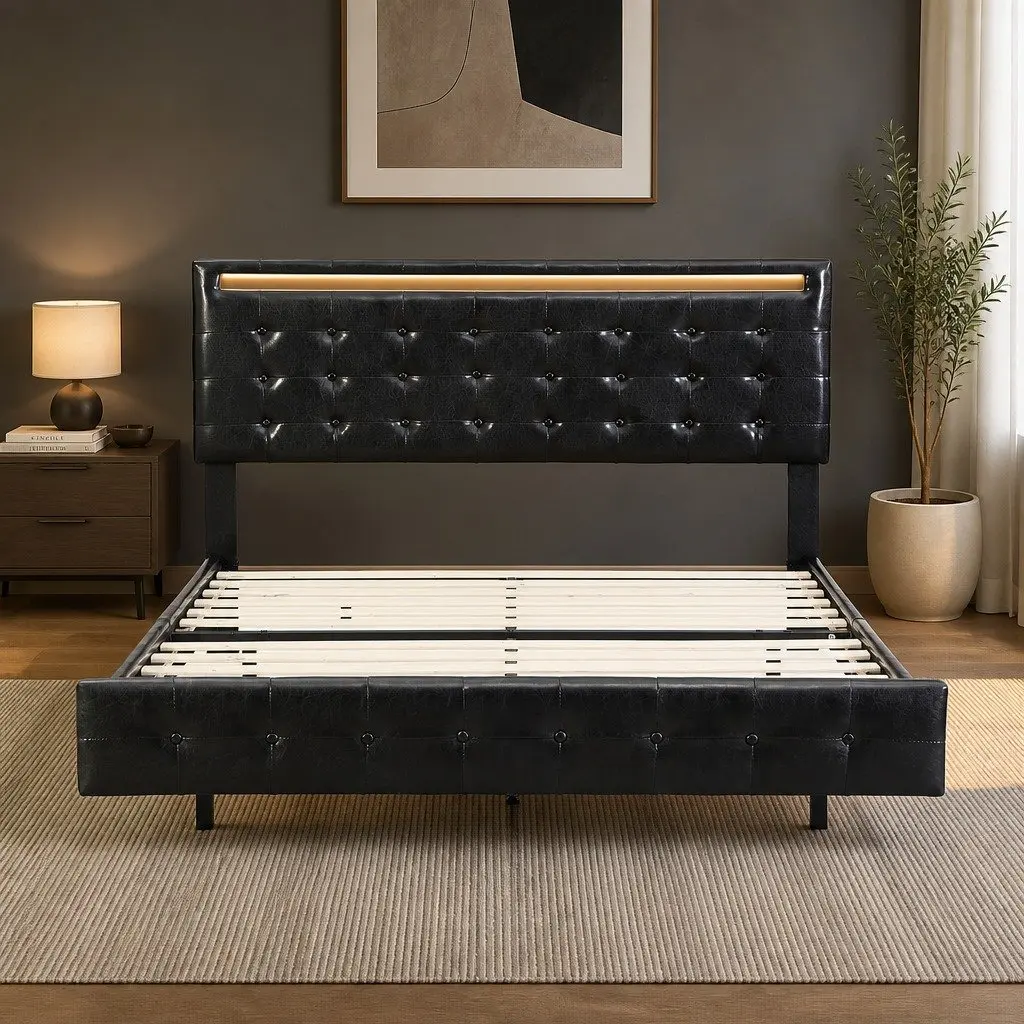 Floating Double Bed Frame with LED Headboard