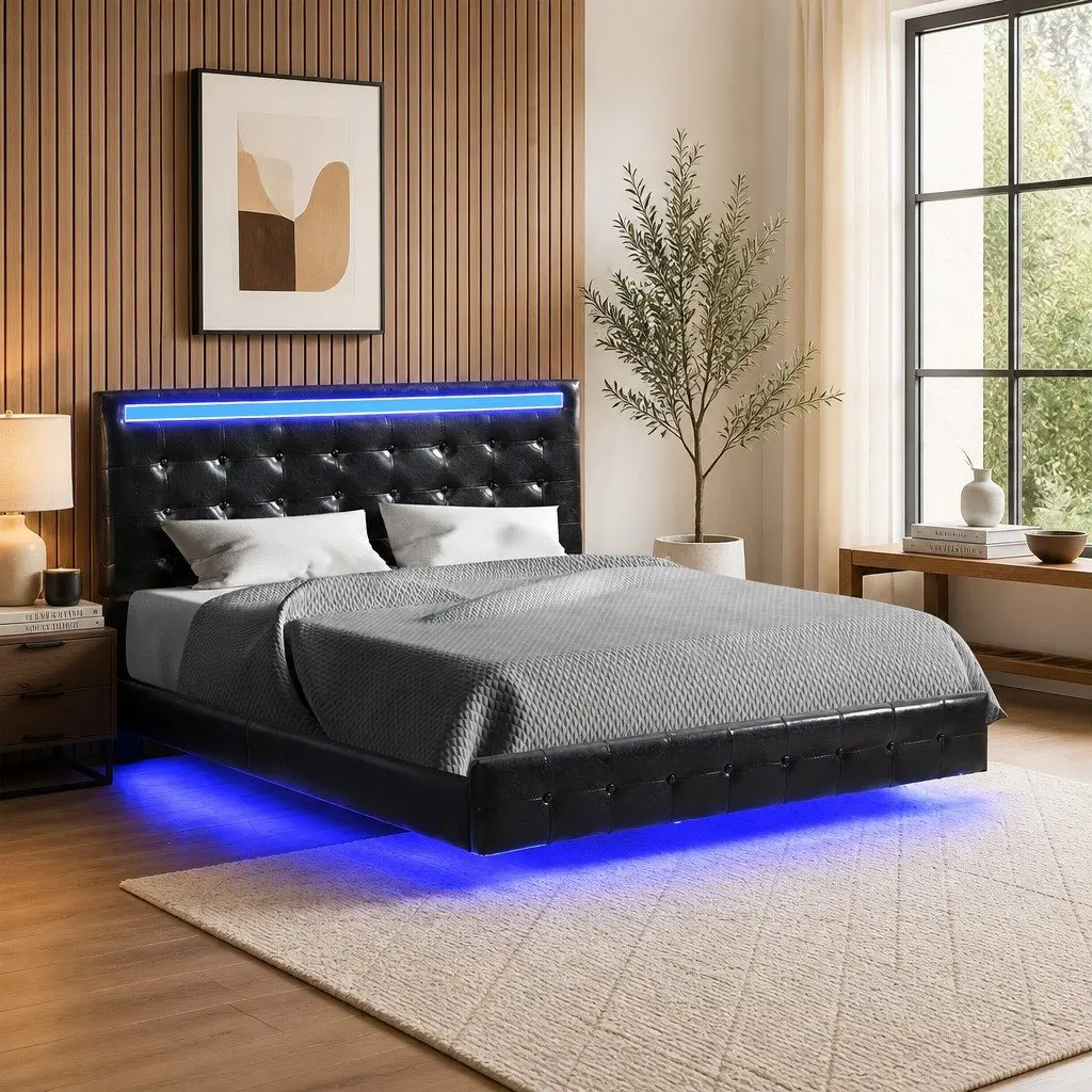Floating Double Bed Frame with LED Headboard
