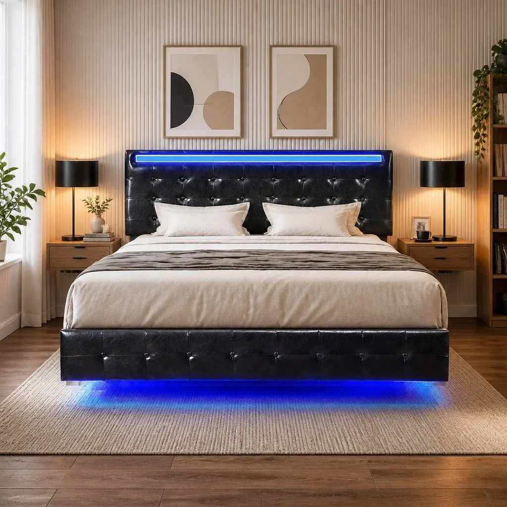 Floating Double Bed Frame with LED Headboard