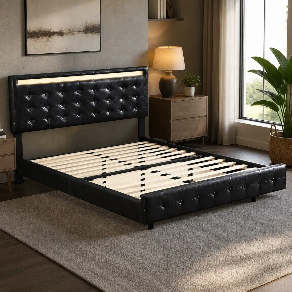 Floating Bed Frame Queen Modern Platform with LED Light Strips Adjustable Headboard Steel and PU Leather Black