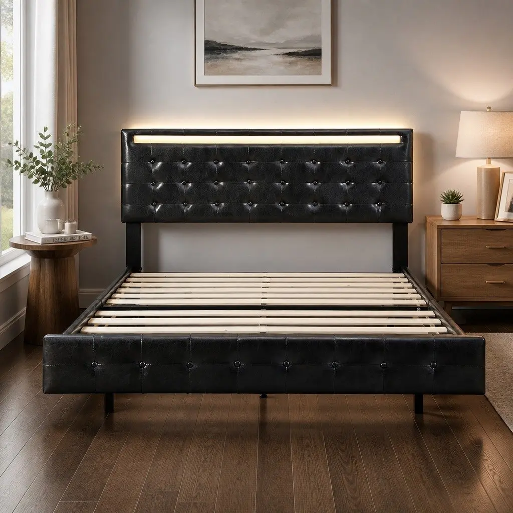 Floating Bed Frame Queen Modern Platform with LED Light Strips Adjustable Headboard Steel and PU Leather Black