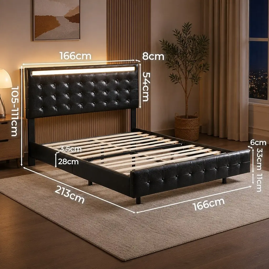 Floating Bed Frame Queen Modern Platform with LED Light Strips Adjustable Headboard Steel and PU Leather Black