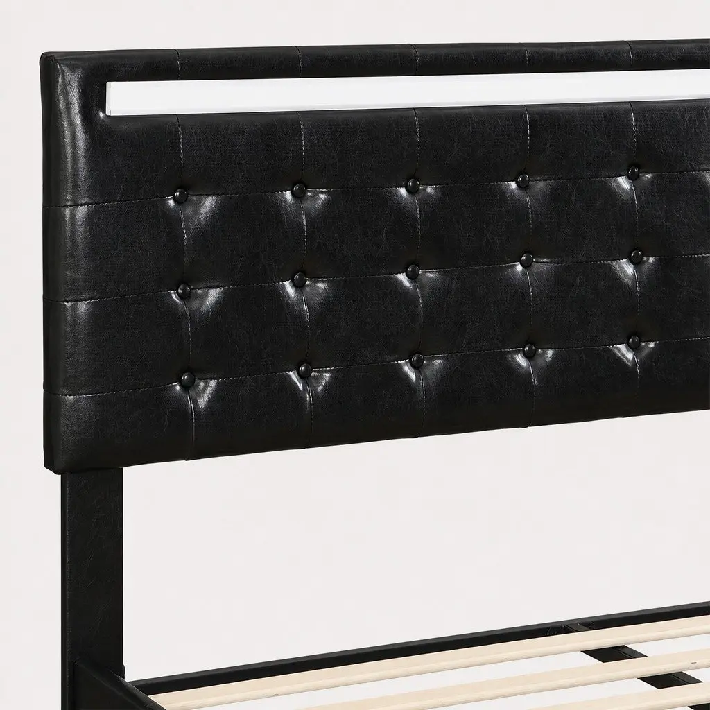 Floating Bed Frame Queen Modern Platform with LED Light Strips Adjustable Headboard Steel and PU Leather Black
