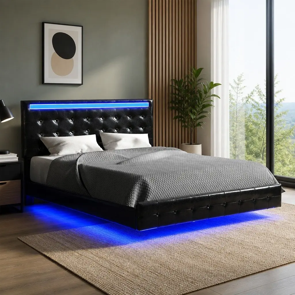 Floating Bed Frame Queen Modern Platform with LED Light Strips Adjustable Headboard Steel and PU Leather Black