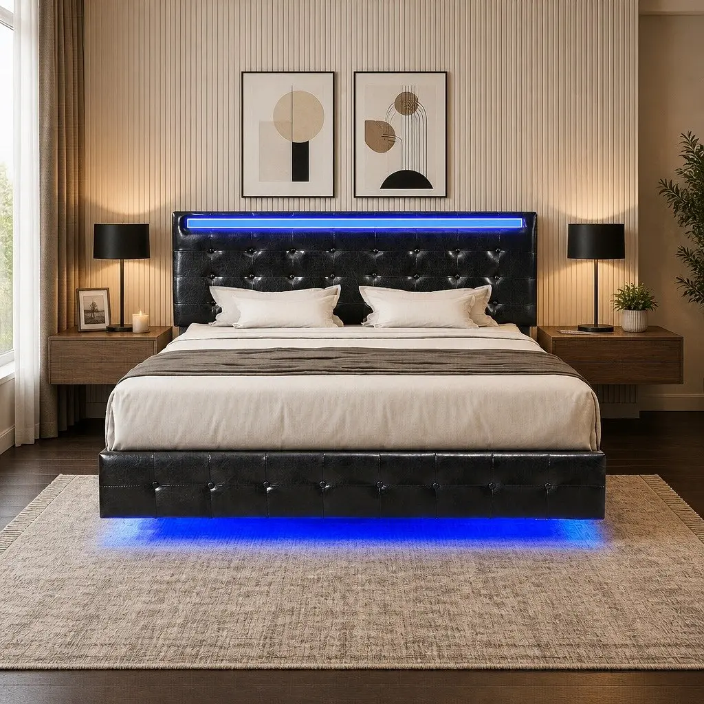 Floating Bed Frame Queen Modern Platform with LED Light Strips Adjustable Headboard Steel and PU Leather Black
