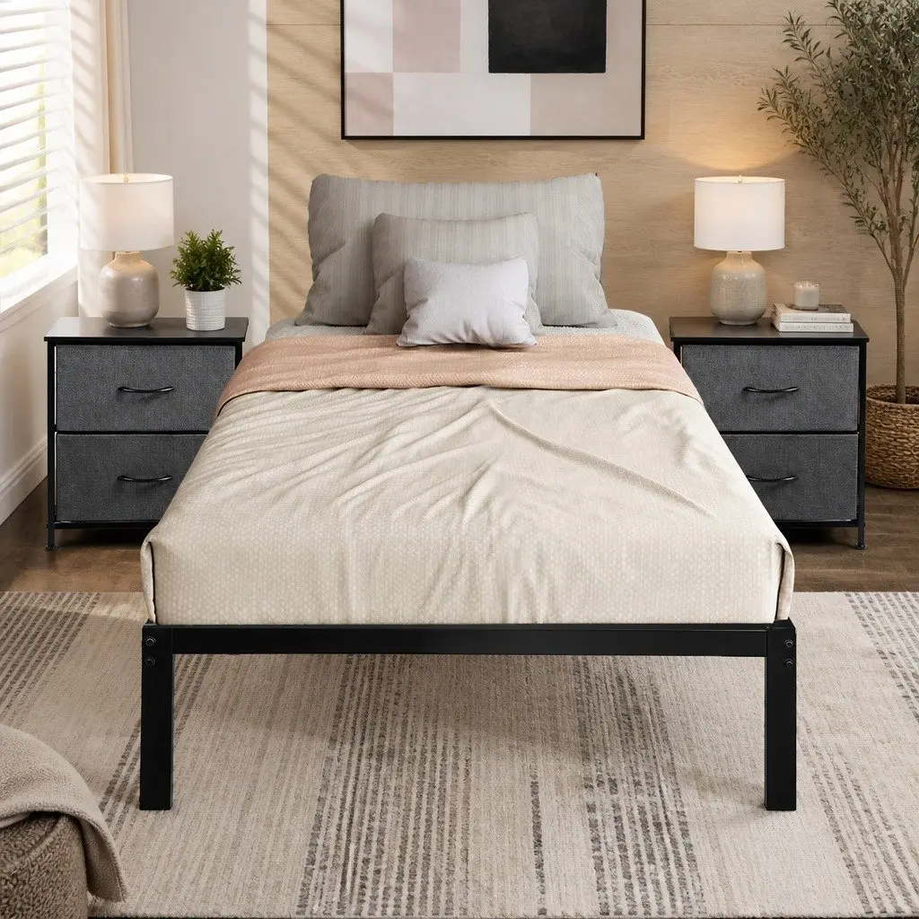 Metal Bed Frame Full Size Heavy Duty Storage Platform Slat Foundation Support Steel Black