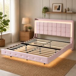 Contemporary Floating Bed Frame with LED Lighting and USB