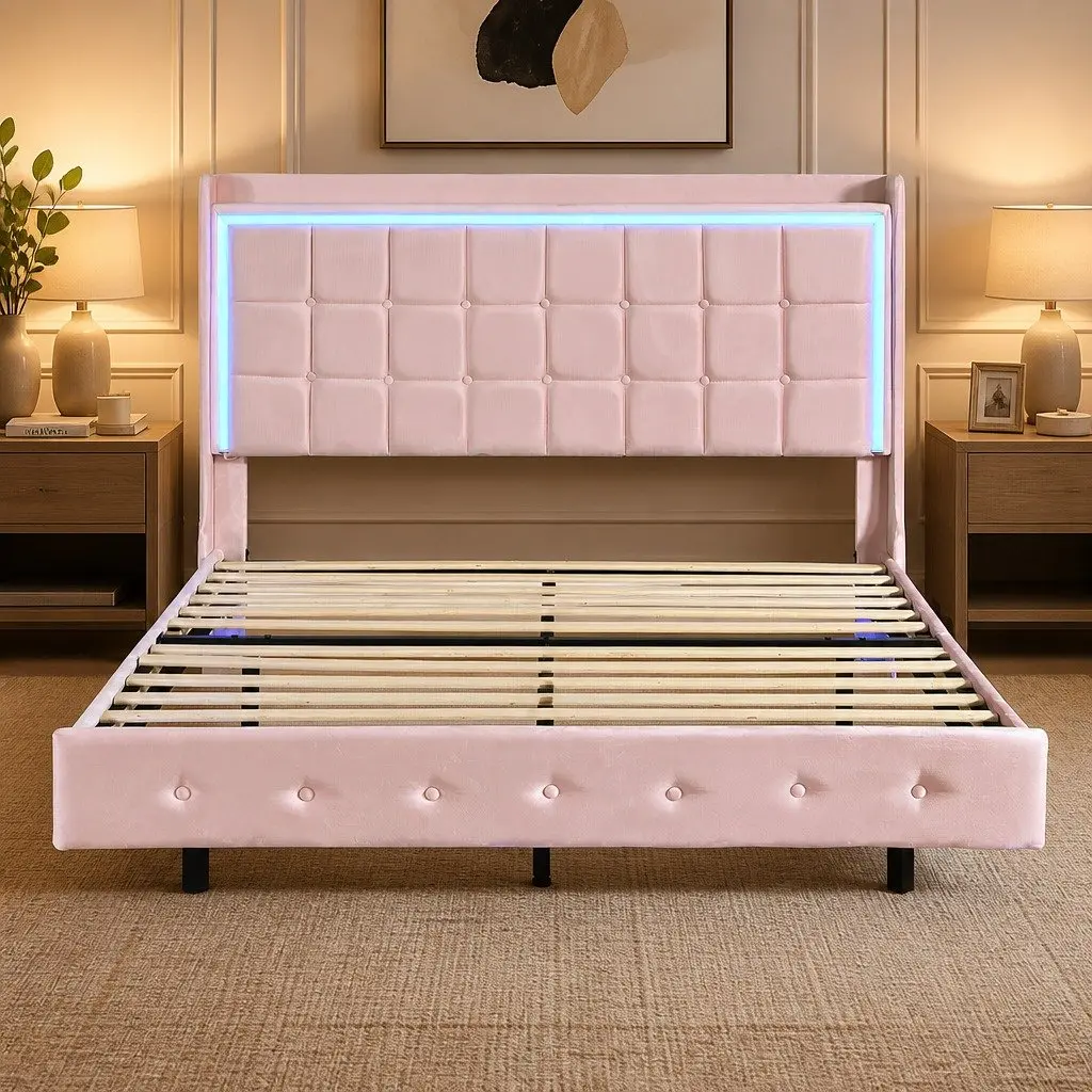Floating Bed Frame with LED Lighting and USB