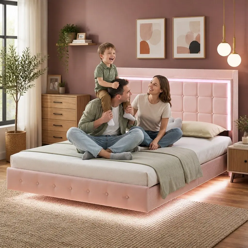 Floating Bed Frame with LED Lighting and USB