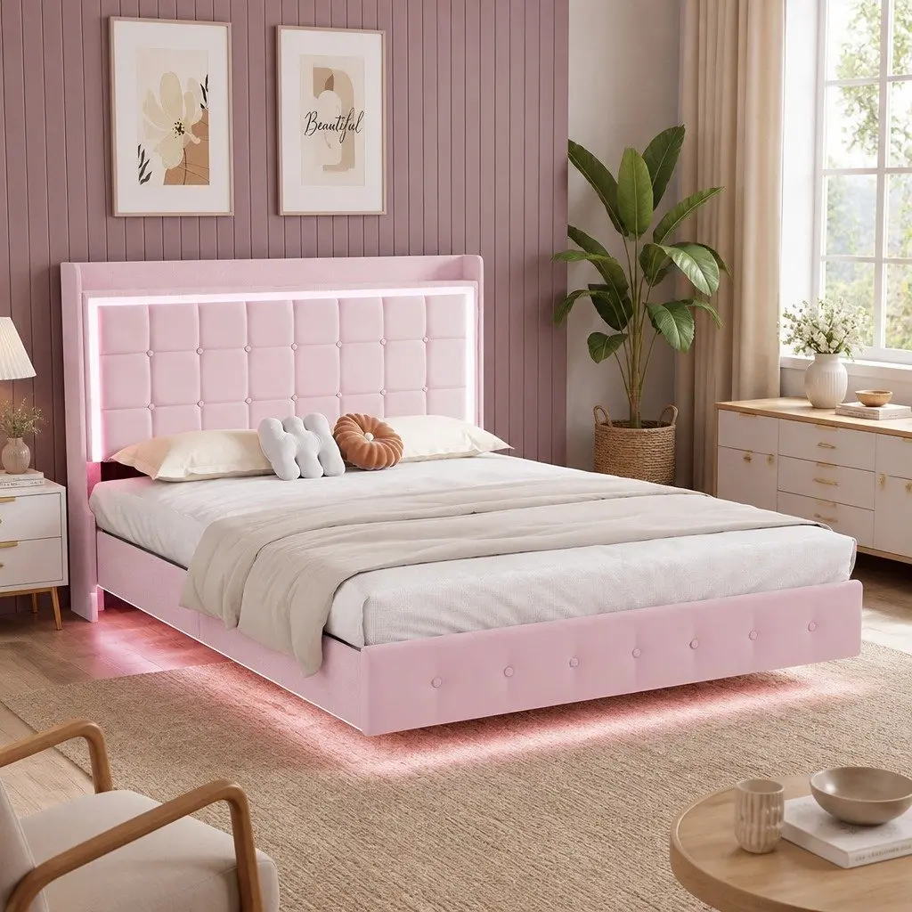Floating Bed Frame with LED Lighting and USB