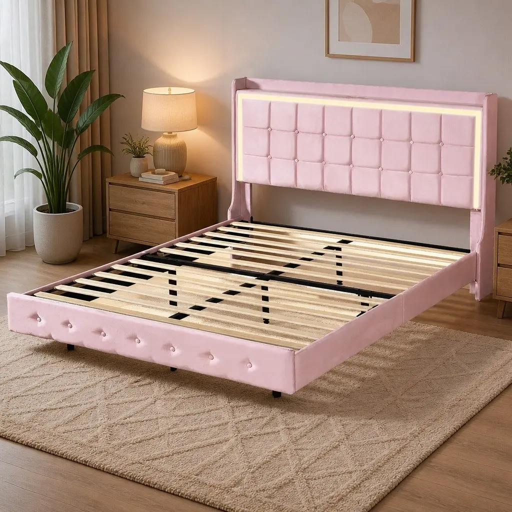 Floating Bed Frame with LED Lighting and USB