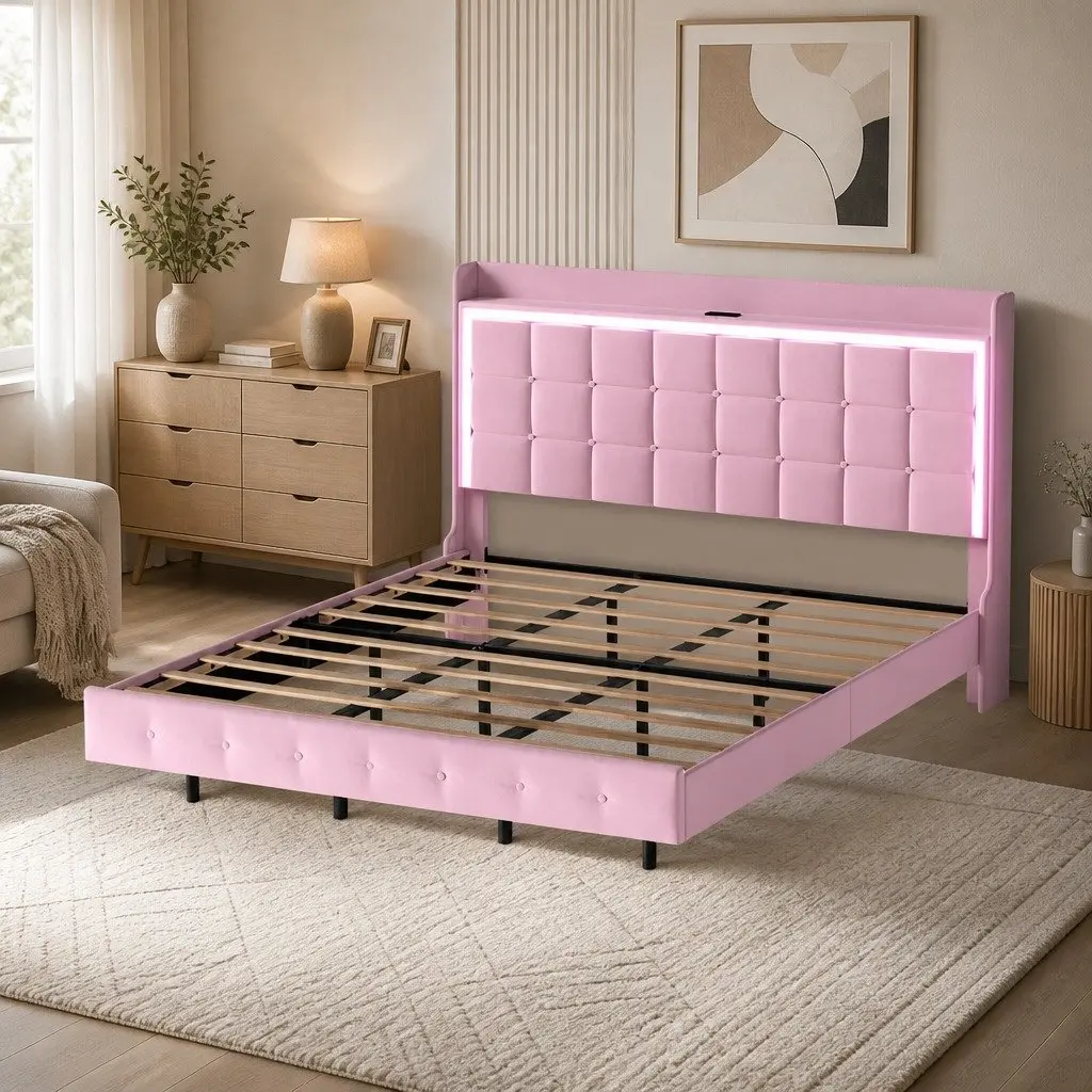 King Floating Bed Frame Pink Velvet with LED Headboard USB Charging