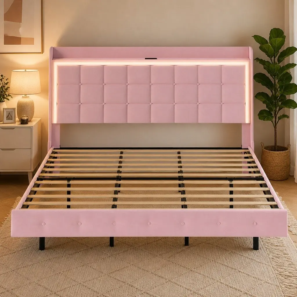 King Floating Bed Frame Pink Velvet with LED Headboard USB Charging