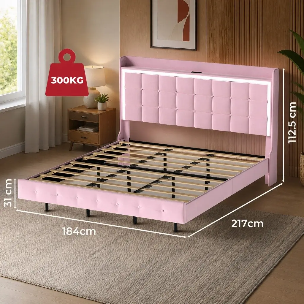 King Floating Bed Frame Pink Velvet with LED Headboard USB Charging