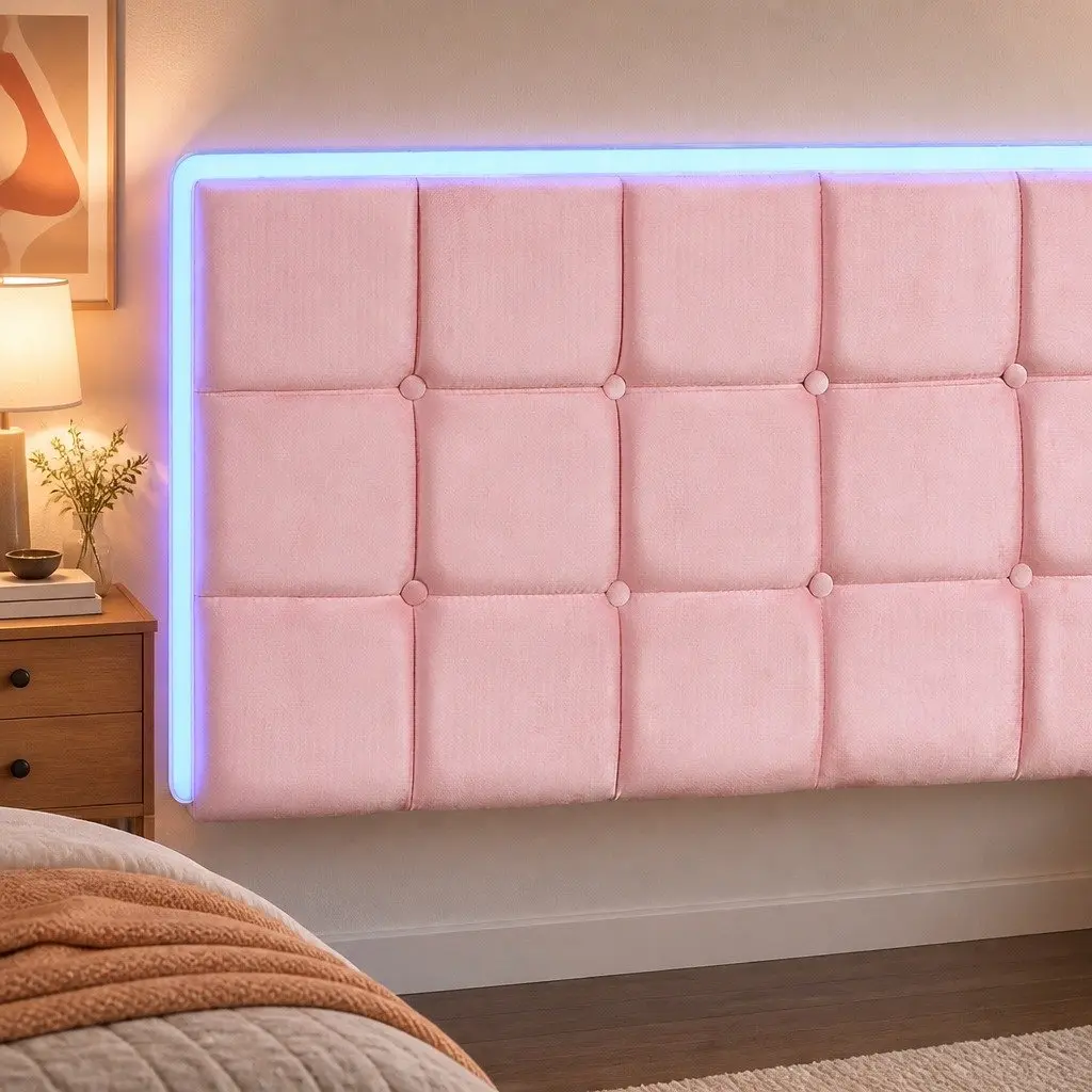 King Floating Bed Frame Pink Velvet with LED Headboard USB Charging
