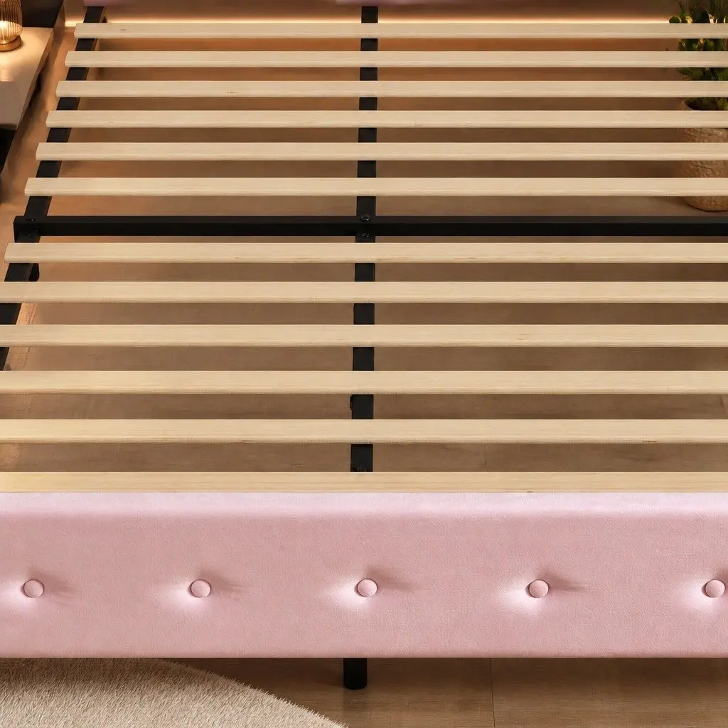 King Floating Bed Frame Pink Velvet with LED Headboard USB Charging