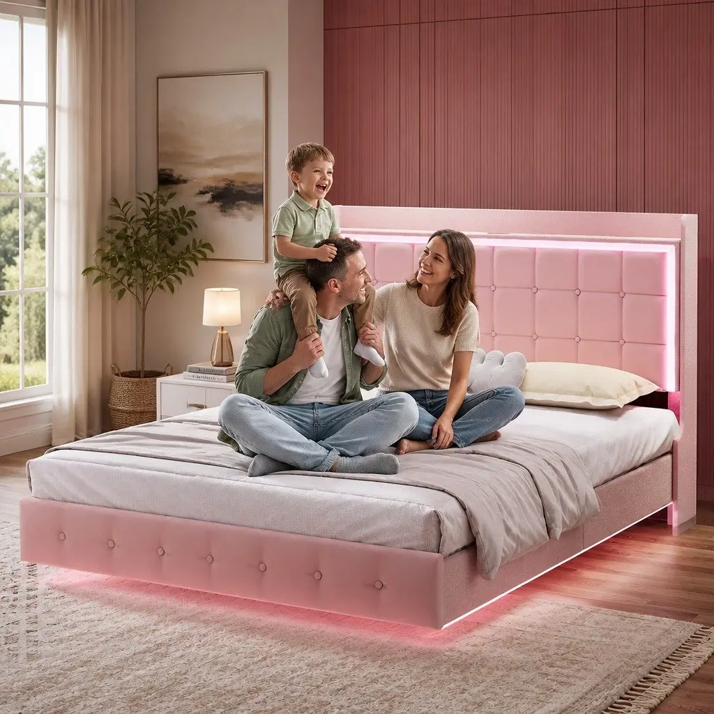 King Floating Bed Frame Pink Velvet with LED Headboard USB Charging