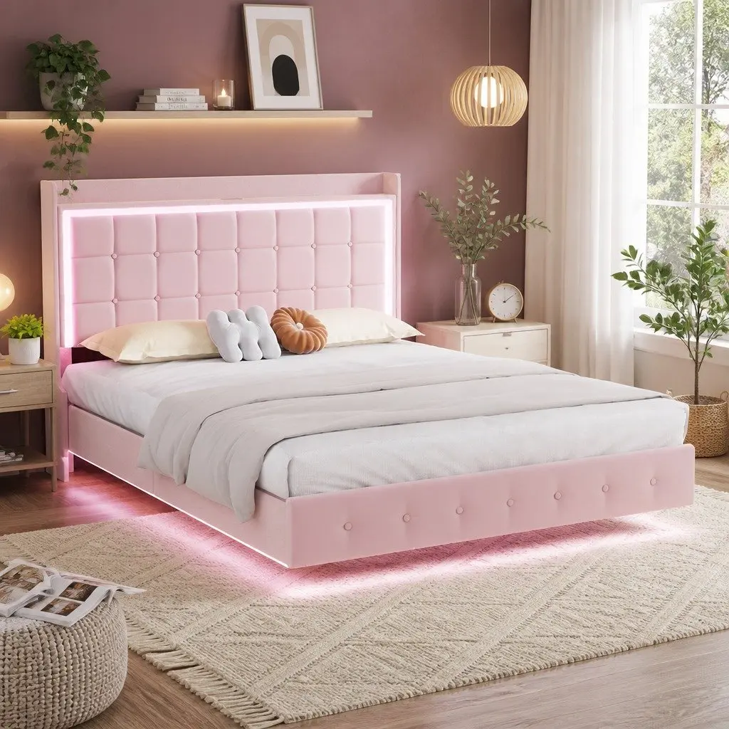 King Floating Bed Frame Pink Velvet with LED Headboard USB Charging