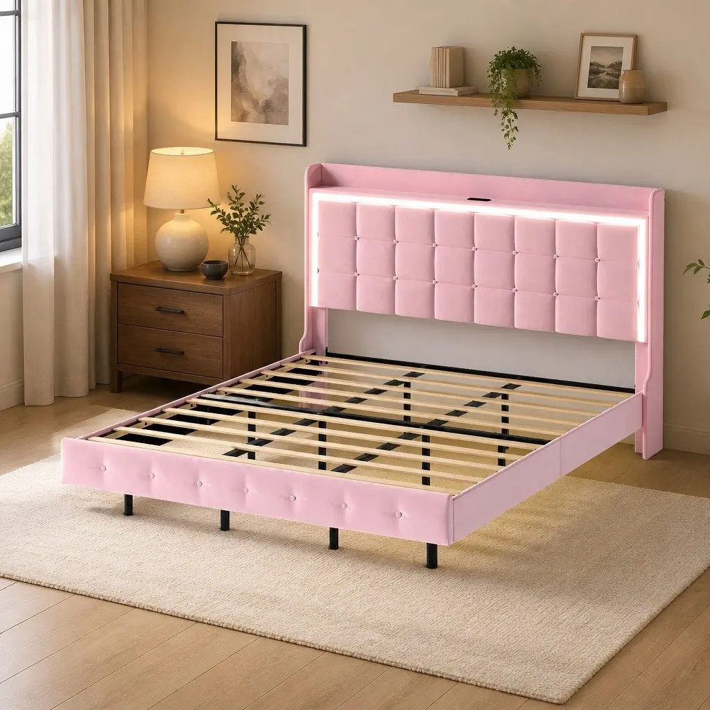 King Floating Bed Frame Pink Velvet with LED Headboard USB Charging