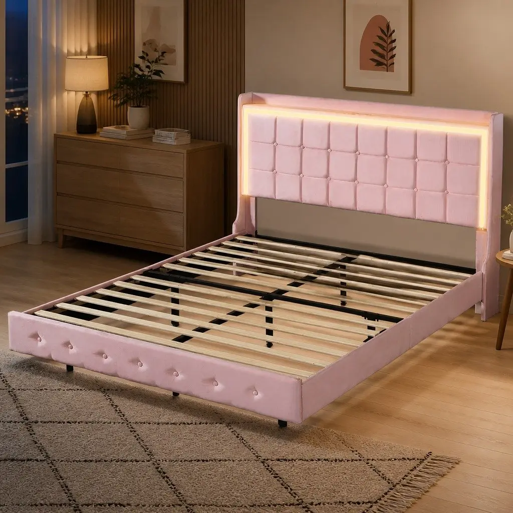 Queen Floating Bed Frame Velvet Modern with LED Light USB Ports