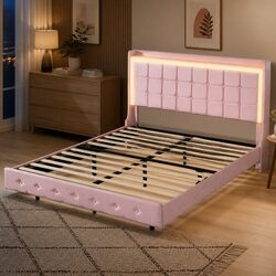 Queen Velvet Floating Bed Frame with LED and USB Ports