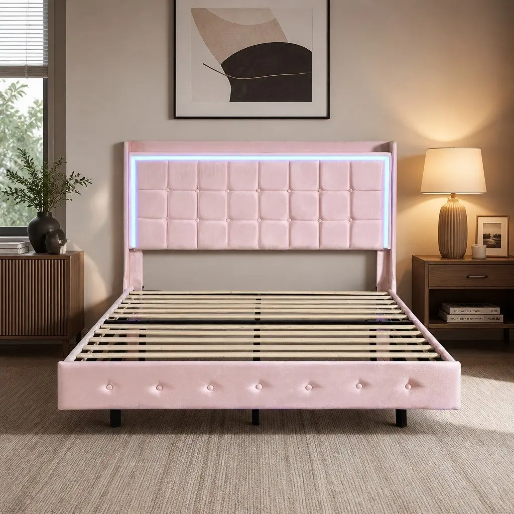Queen Floating Bed Frame Velvet Modern with LED Light USB Ports