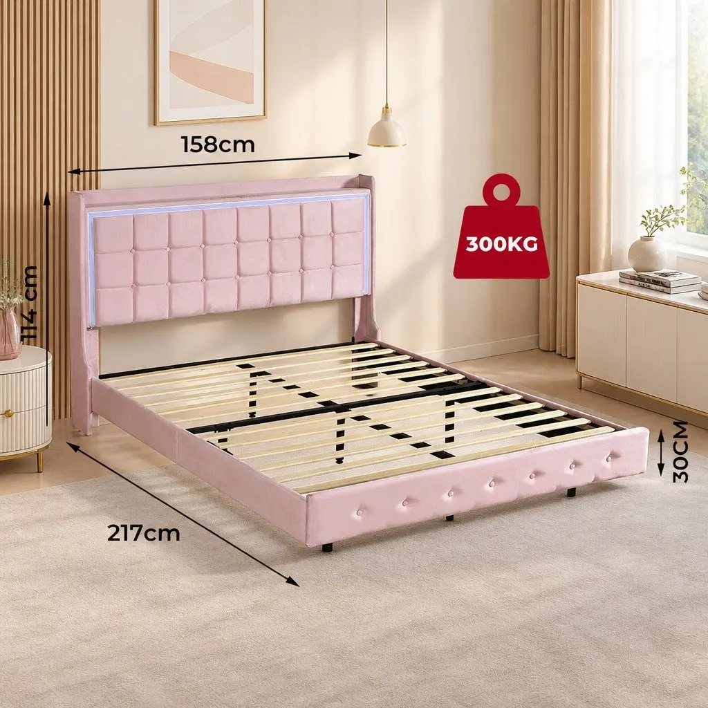 Queen Floating Bed Frame Velvet Modern with LED Light USB Ports