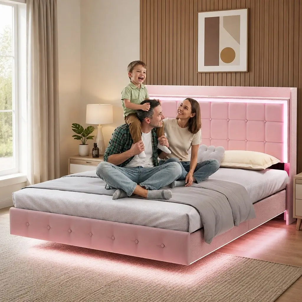 Queen Floating Bed Frame Velvet Modern with LED Light USB Ports