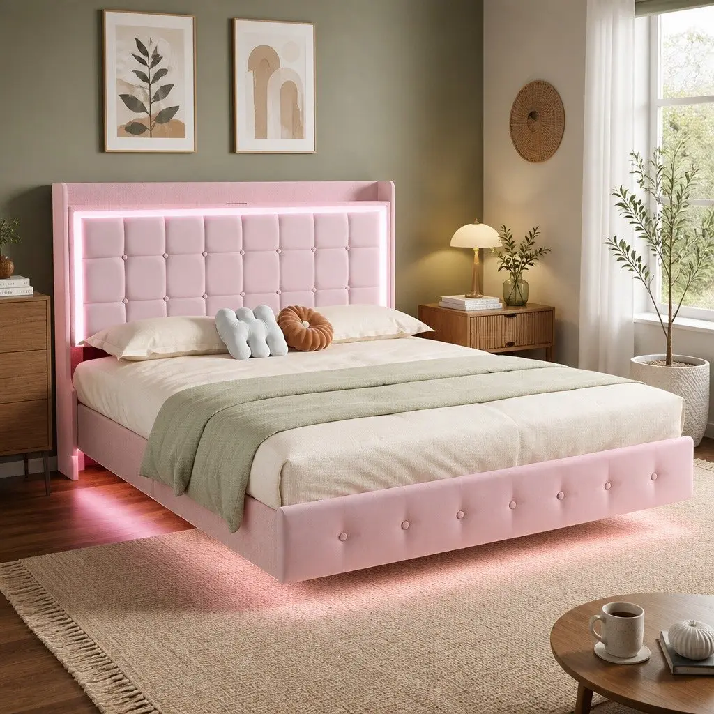 Queen Floating Bed Frame Velvet Modern with LED Light USB Ports