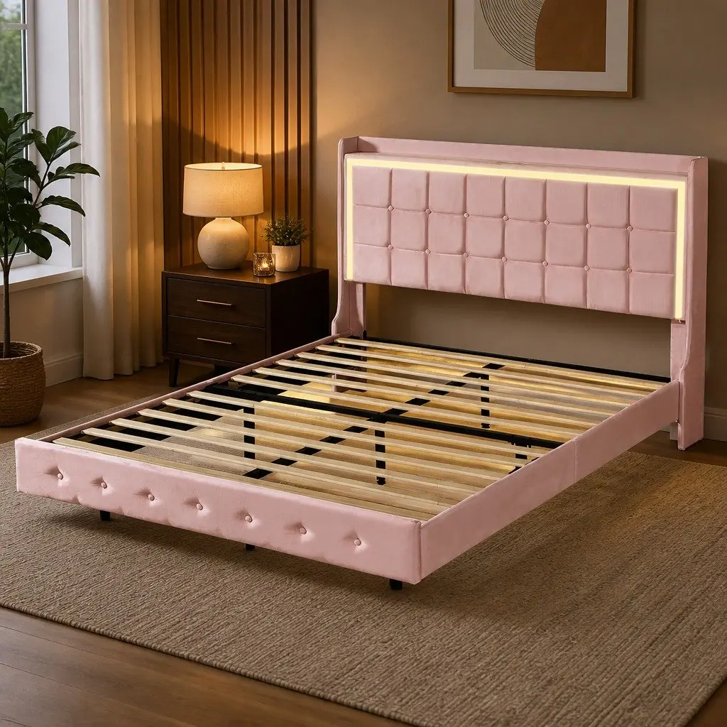 Queen Floating Bed Frame Velvet Modern with LED Light USB Ports