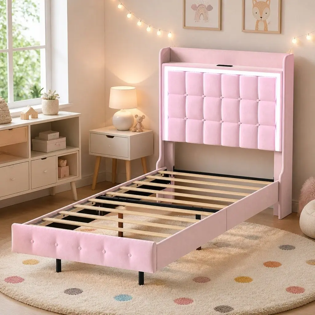 Pink Single Floating Bed Frame with LED Headboard