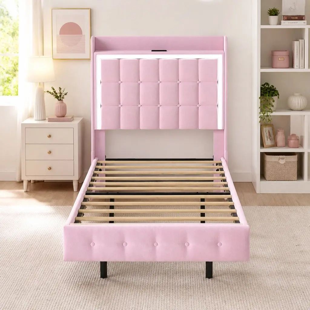 Pink Single Floating Bed Frame with LED Headboard