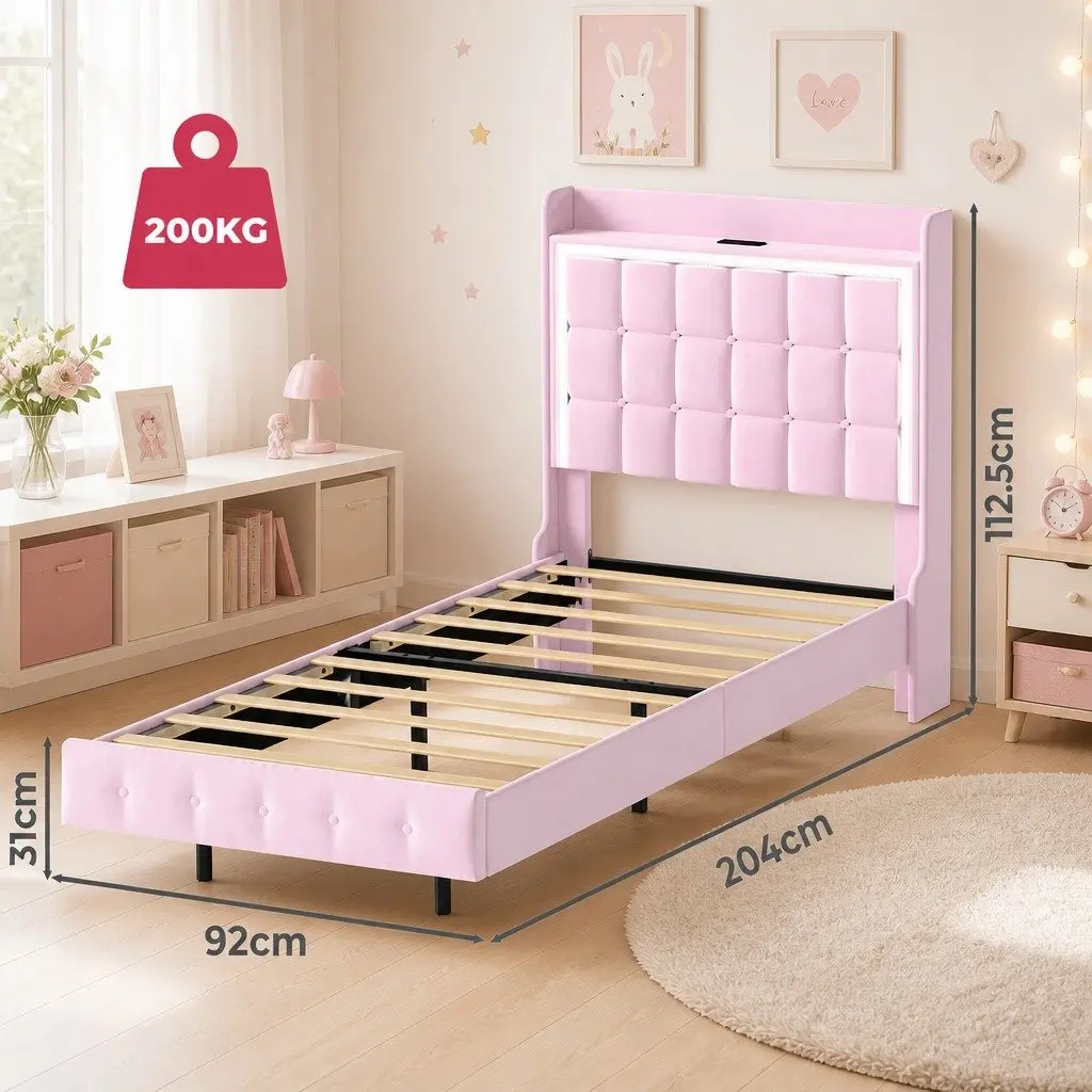 Pink Single Floating Bed Frame with LED Headboard