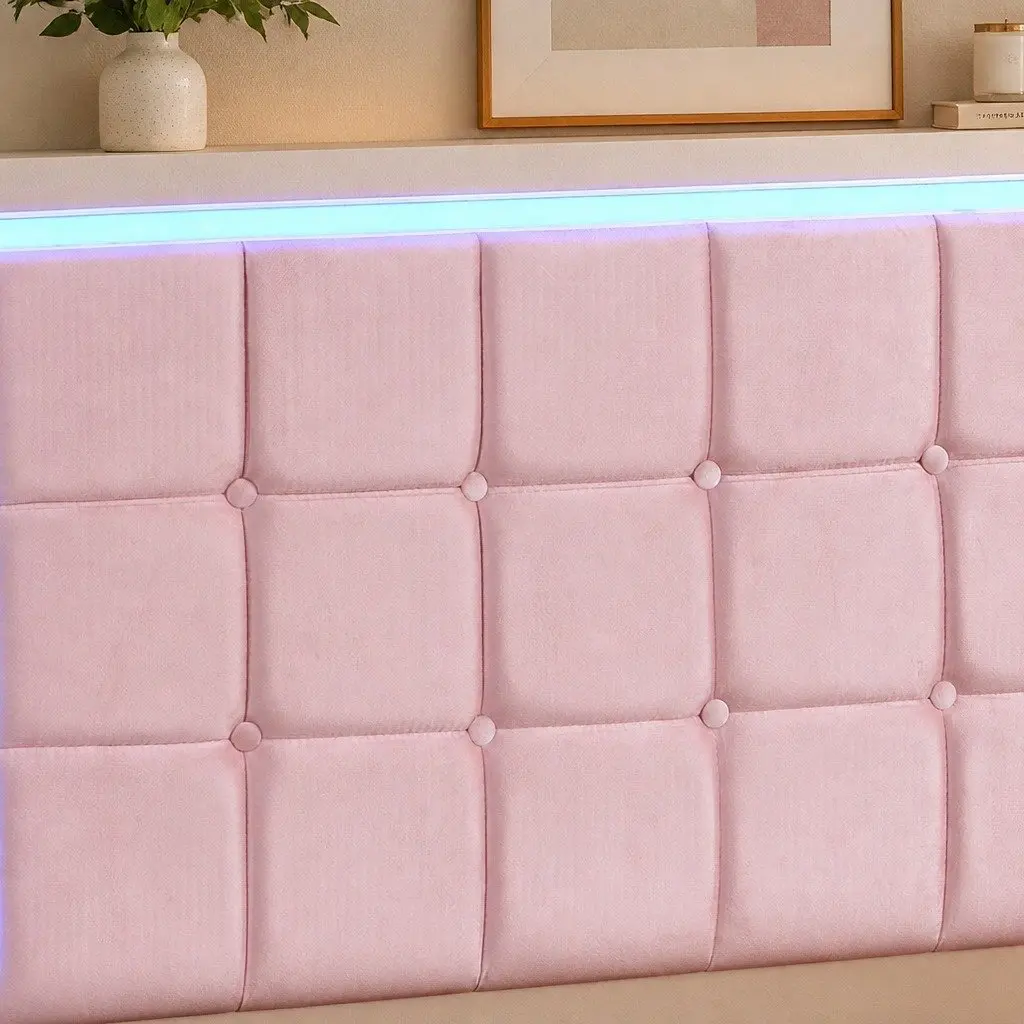 Pink Single Floating Bed Frame with LED Headboard