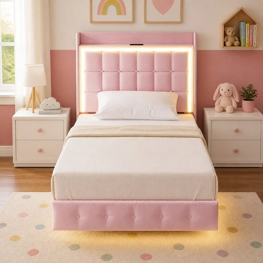 Pink Single Floating Bed Frame with LED Headboard