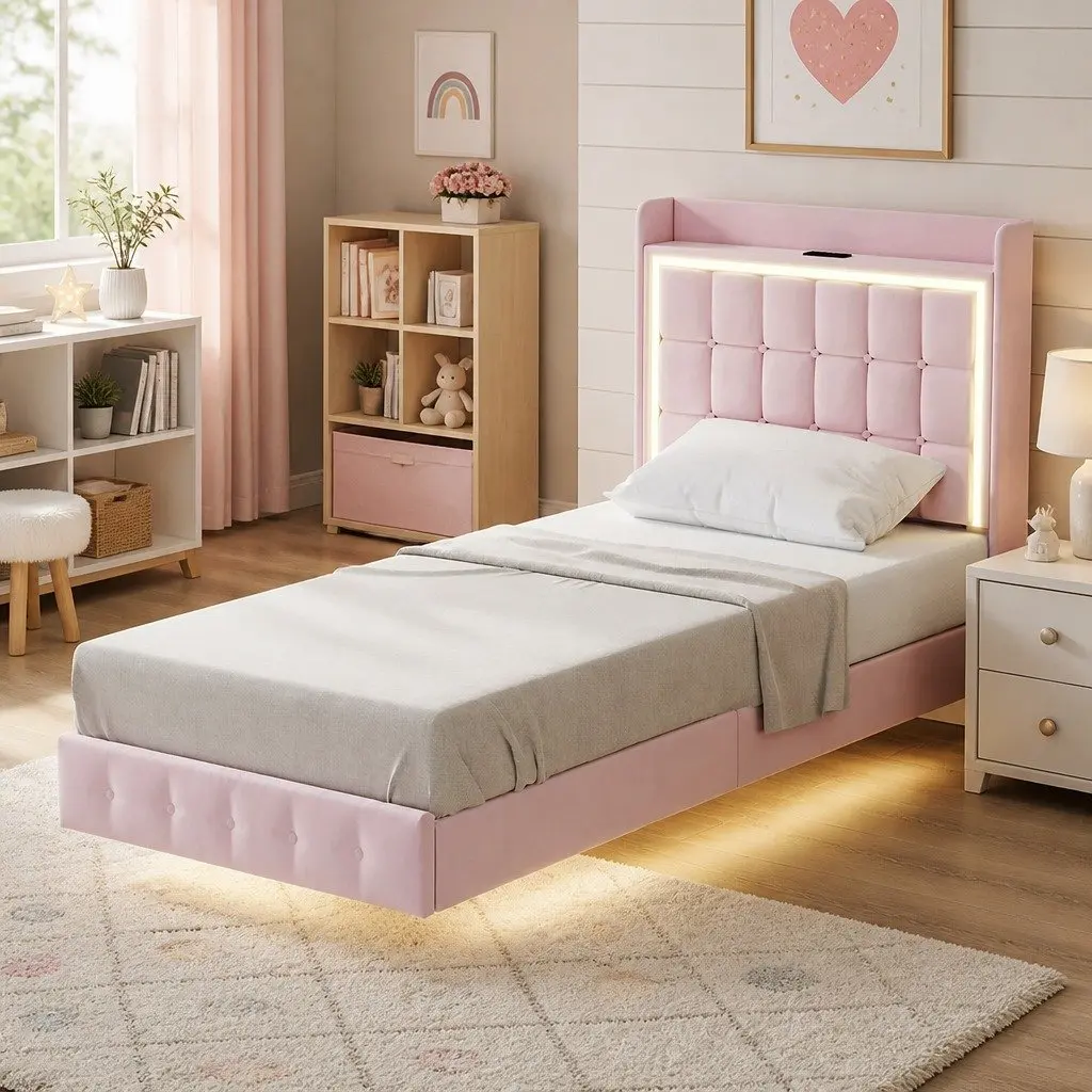Pink Single Floating Bed Frame with LED Headboard
